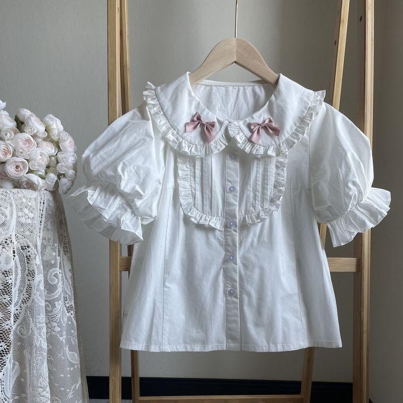 Camisa Lolita com gola de boneca e manga bufante, Top fofo