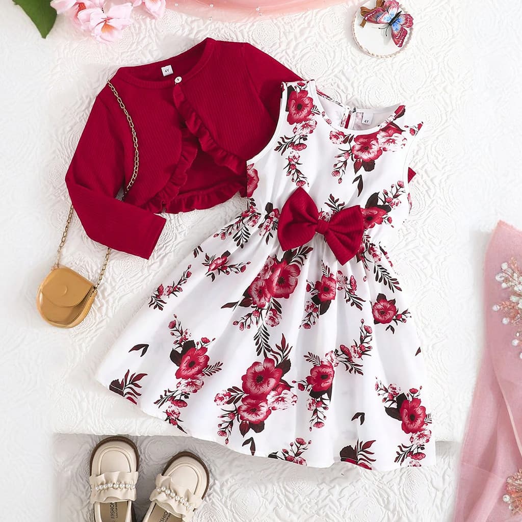 Vestidos Florais Para Meninas De 3 A 8 Anos , Casaco De Manga Comprida + Vestido Estampado Sem Mangas , 2 Peças , De Cer