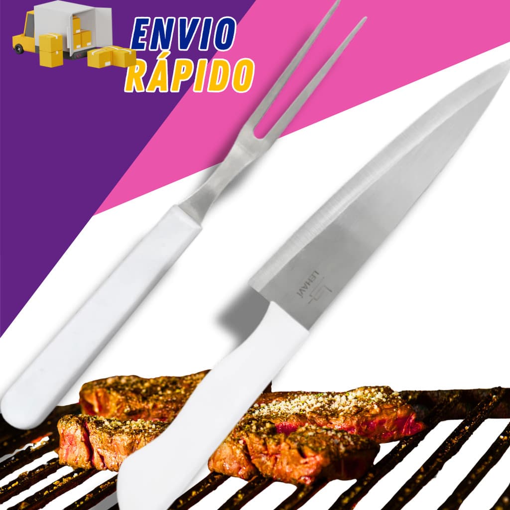 Conjunto Para Churrasco Garfo Trinchante Faca Afiada Kit Completo Corte Carne Jogo 2 Peças Aço Inox