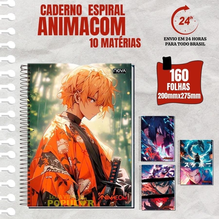 Caderno Universitário Anime 160 Folhas 10 Matérias - Menino Escolar Animativa