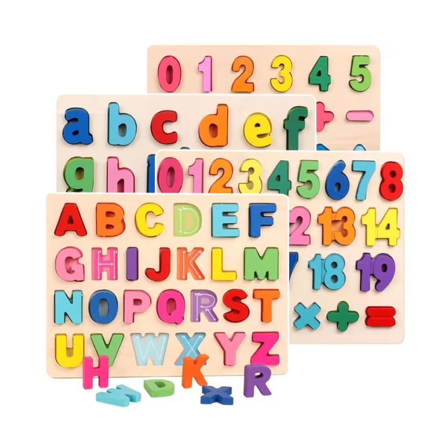 Conjunto com 2 Quebra-Cabeças de Madeira 3D – Aprendizado Divertido com Letras, Números e Formas