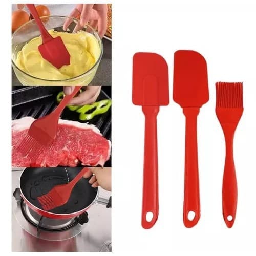 Kit 3 Peças Utensílios de Cozinha de Silicone Espátulas Pincel de Silicone Vermelho Resistente ao Calor