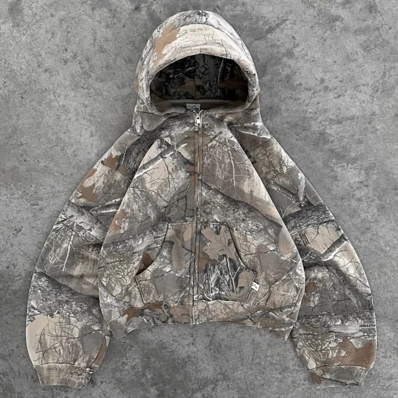 Y2K Zíper Retro Com Para Cima Homens Capuz Camuflagem Padrão Sweatshirt High Street Hip Hop Streetwear Unisexo