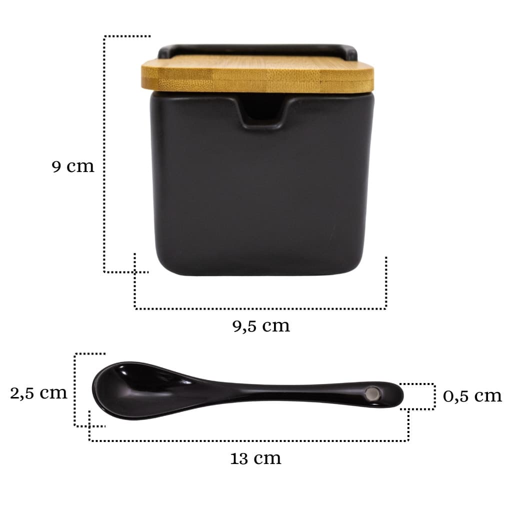 Saleiro Açucareiro 270ml Preto Luxo Manhattan Com Tampa Bambu E Colher
