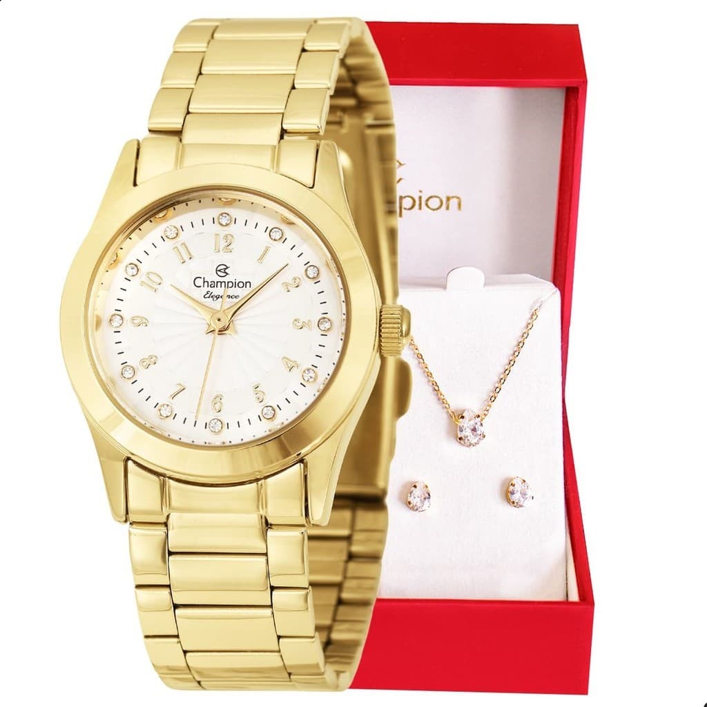 Relógio de Pulso Feminino Champion Dourado CF24000W Conjunto Colar e Brinco Feminino