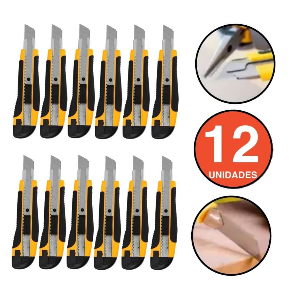 KIT COM 12 ESTILETES PROFISSIONAL ALTA QUALIDADE EMBORRACHADO 18MM C/LAMINA