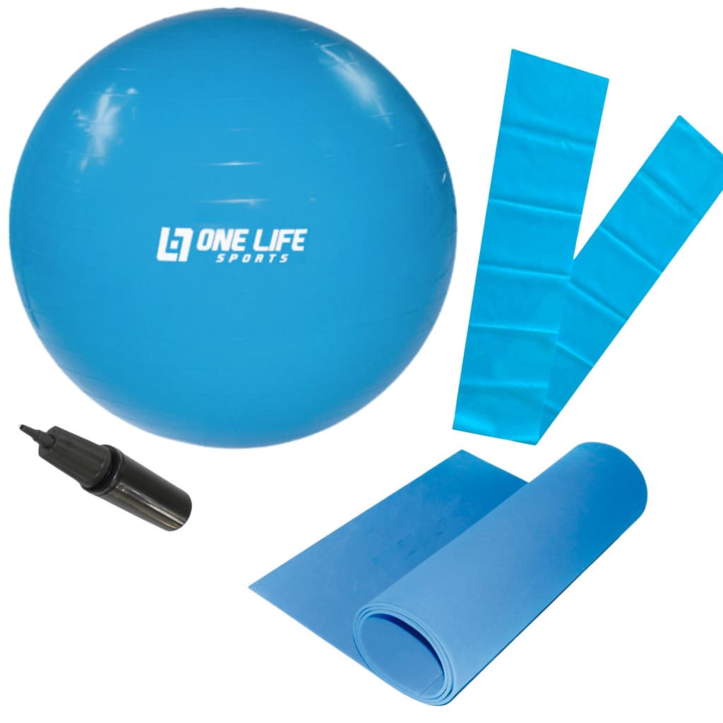 Kit Pilates Tapete 1,20mt + Faixa Elástica Média + Bomba + Bola Suiça 55