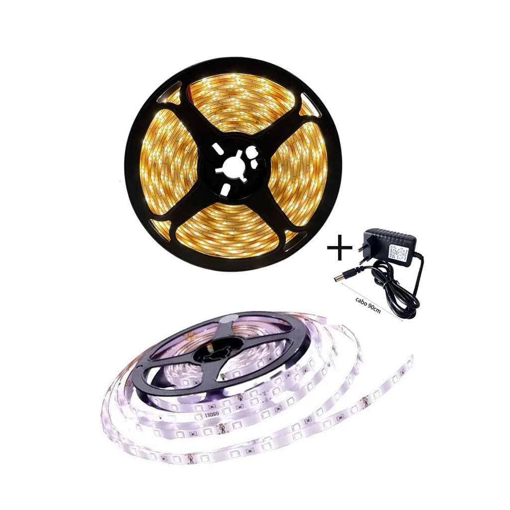 Fita LED IP65 3528 60leds com Fonte Branco Quente e Branco Frio 5 Metros 3000k e 6000k
