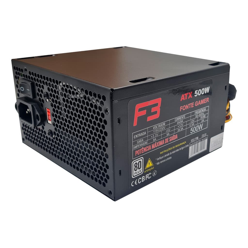 Fonte 500w F3 Bivolt Atx 80 Plus Cooler 12cm E Cabo De Força