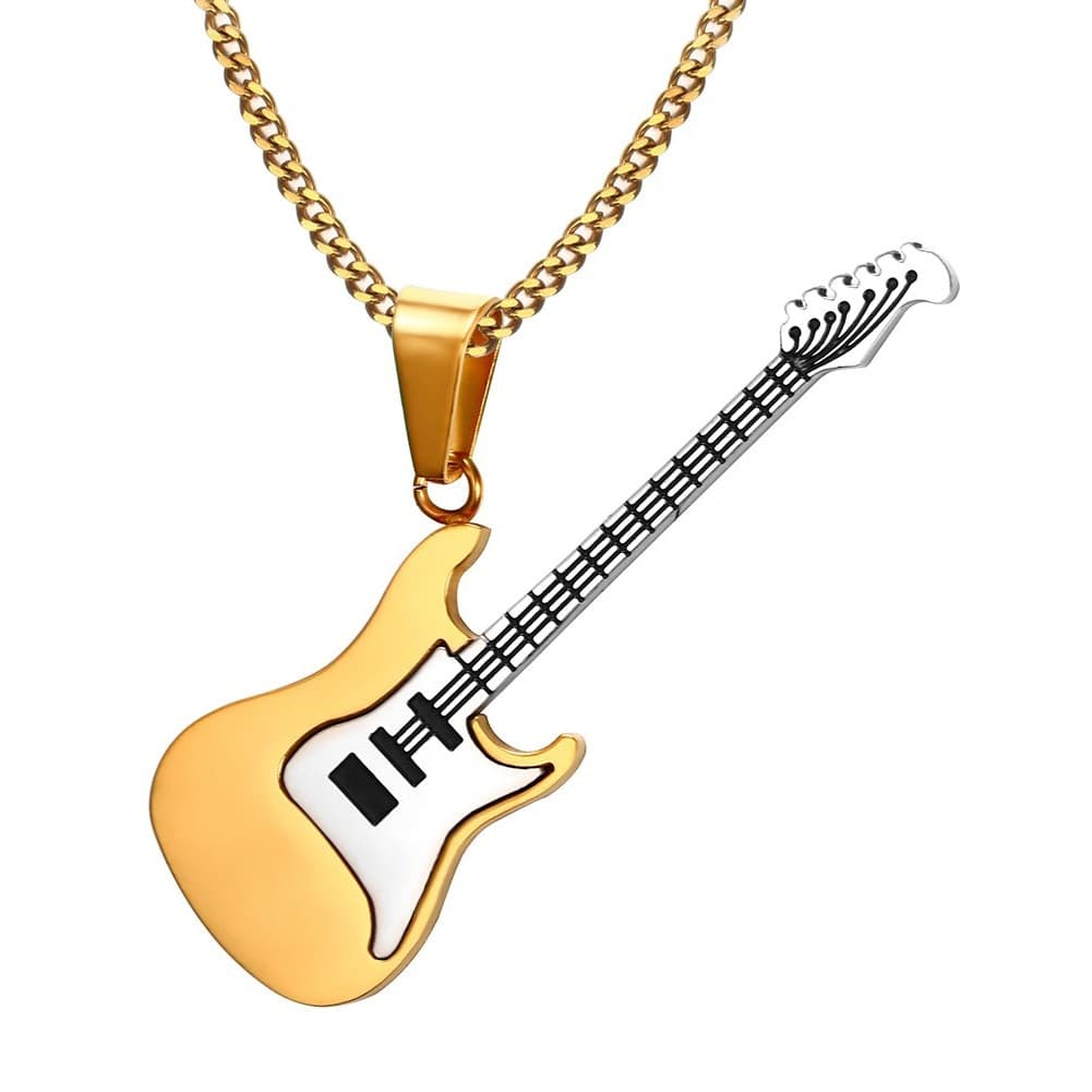[Rockyu] Colar de guitarra de marca de joias popular para homens, aço inoxidável, hipoalergênico, estiloso, longo, ping