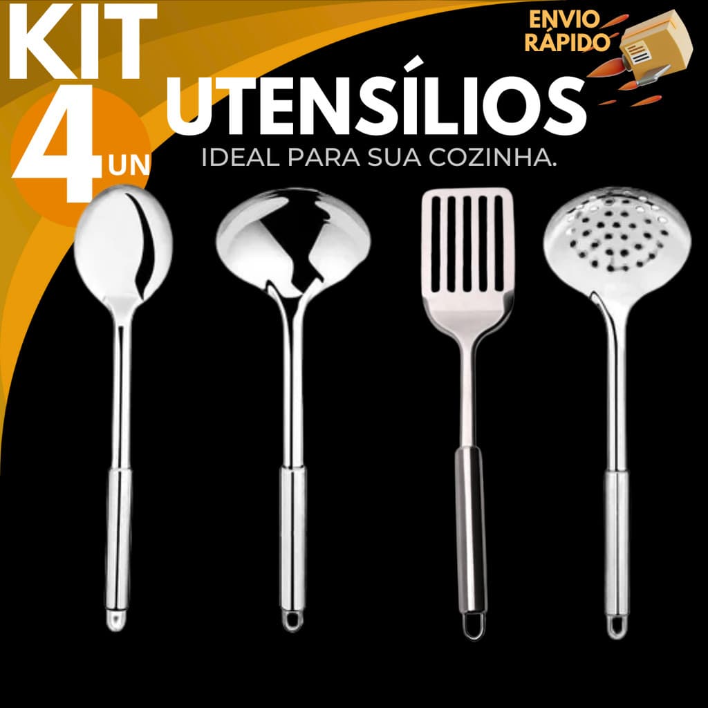 Kit 4 Peças Inox Premium Concha Para Feijão Colher de Arroz Escumadeira Espátula Vazada