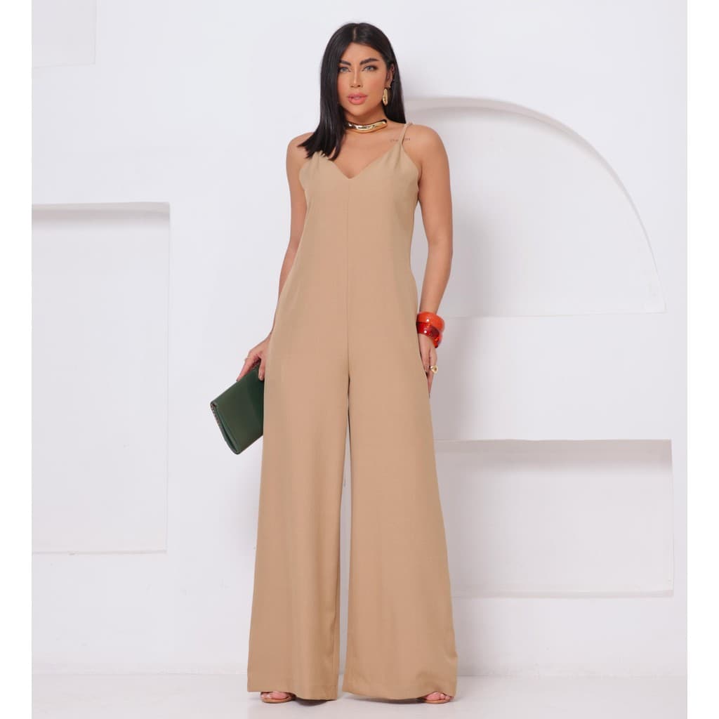 Macacão Longo Pantalona Alcinha Ajustavel Bolso Tecido Twill
