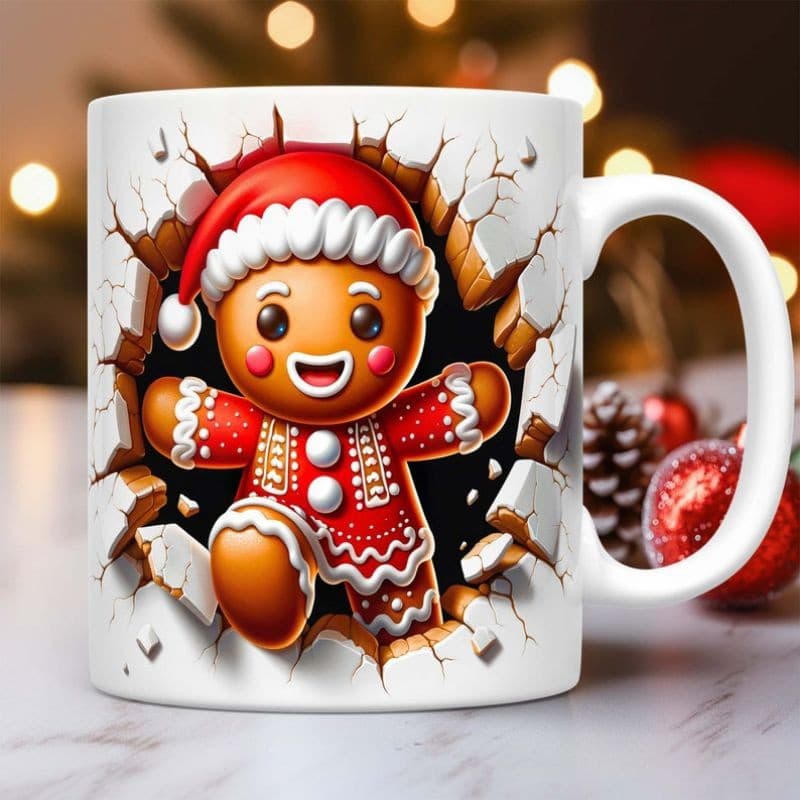 Caneca personalizada arte 3D Natal boneco de gengibre caneca de porcelana branca 325 ml sublimação