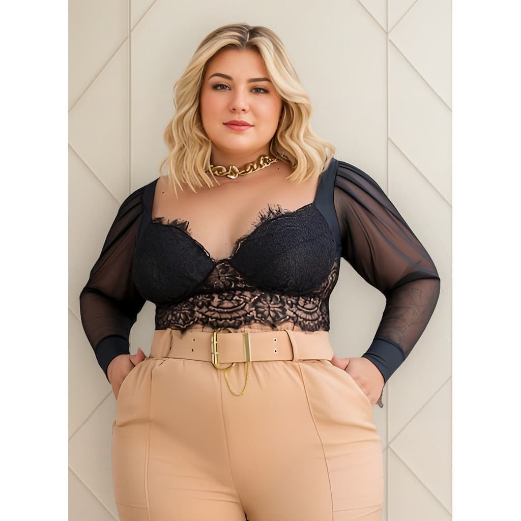 Cropped Rendado Manga Tule Cropped Decotado Moda Fashion