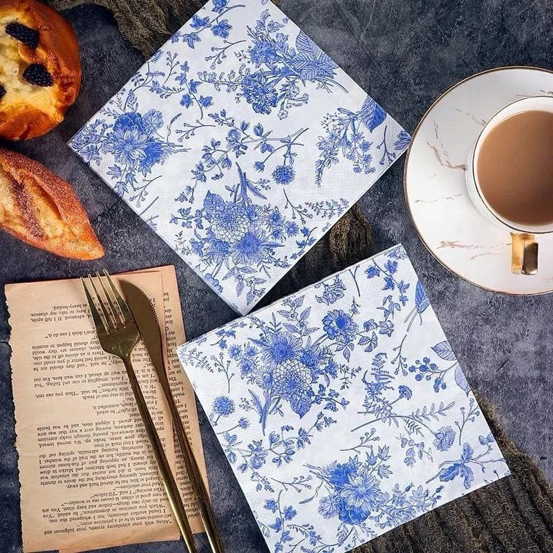 20Pcs/Pacote Guardanapos de Papel Decoupage Flor Azul, Guardanapos Florais Vintage para Decorações 8BFN