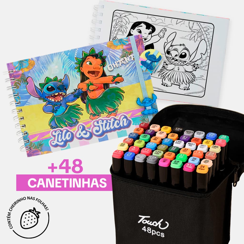 Kit Pintura Lilo & Stitch E Canetinhas Touch Coloridas Ponta Dupla
