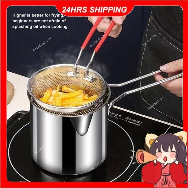 Frigideira Pequena De Aço Inoxidável Com Cesta De Fritura , Alça De Silicone Anti-Escaldante , Uso Doméstico Na Cozinha