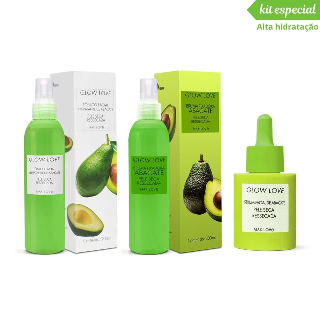 Kit para Pele Ressecada - Tonico Facial, Serum Facial e Bruma Fixadora de Abacate