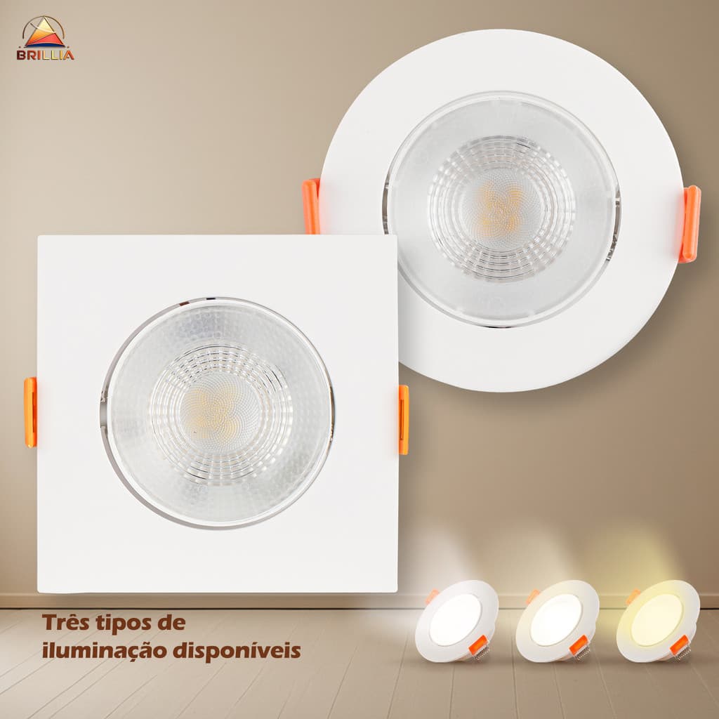 Kit 10~40 Luminária Spot LED 7W Quadrado Redondo Direcionável Luz Frio/Quente/Neutra Embutir Bivolt