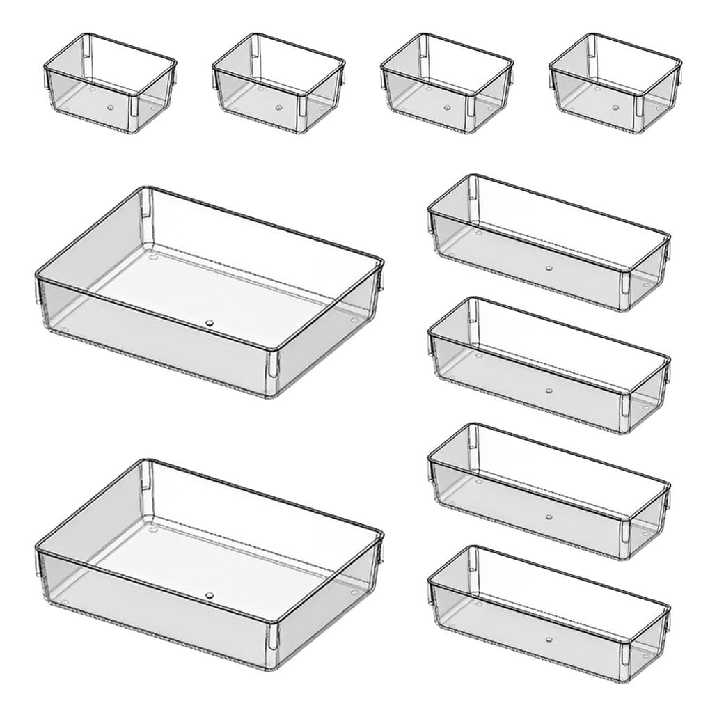 Kit 10 Organizadores Acrílico Cristal Modular 2 G/4 M/ 4 P Multiuso Cesto Gaveta Maquiagem Geladeira