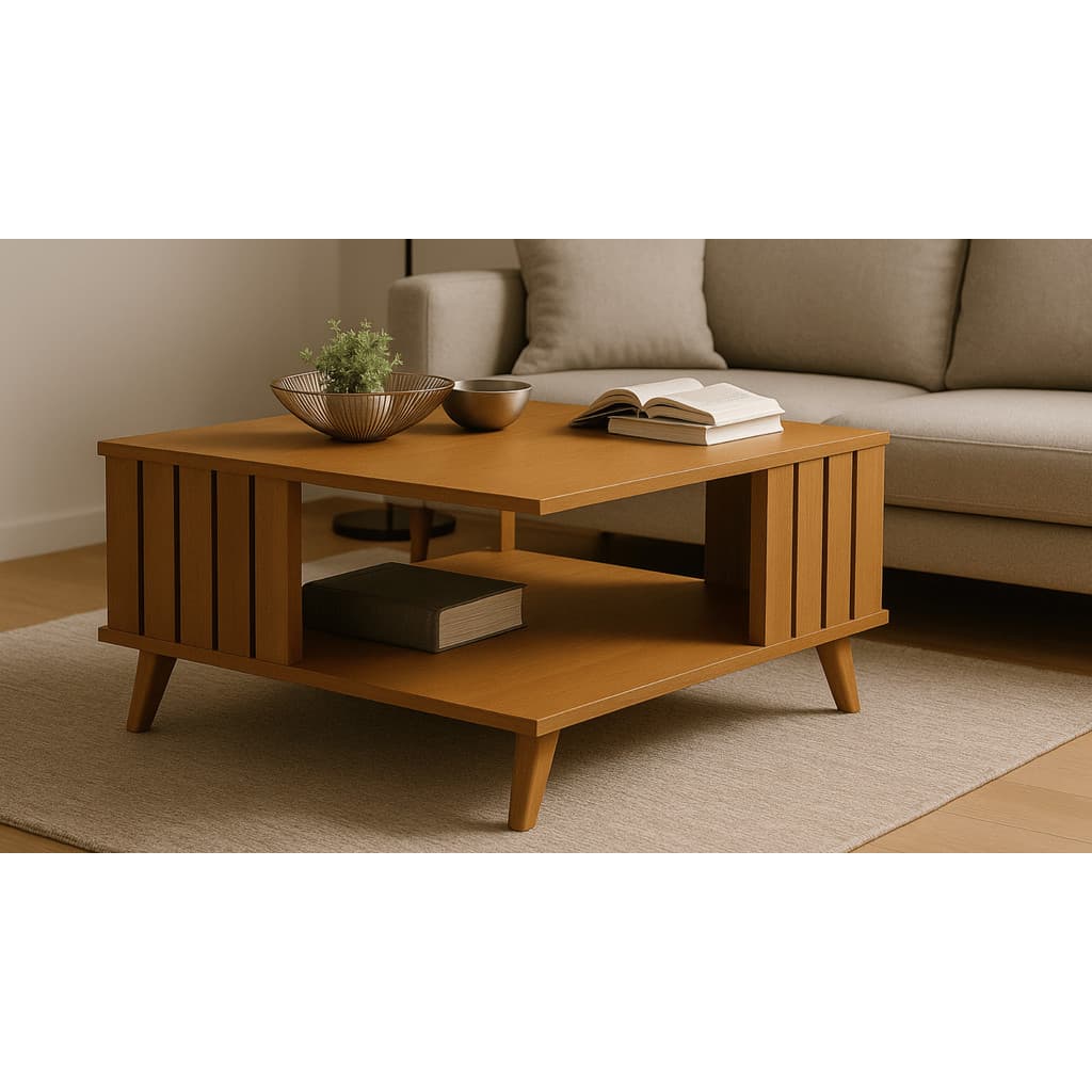 Mesa de centro ripada decorativa moderna com pes madeira maciça Açai JB Bechara Cor Nature