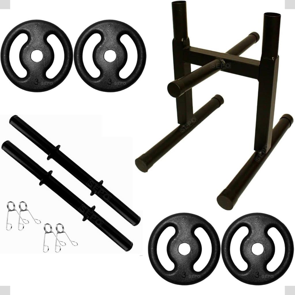 Kit Treino 4 Anilhas 3Kg 2 Barras 40Cm com Expositor Anilha