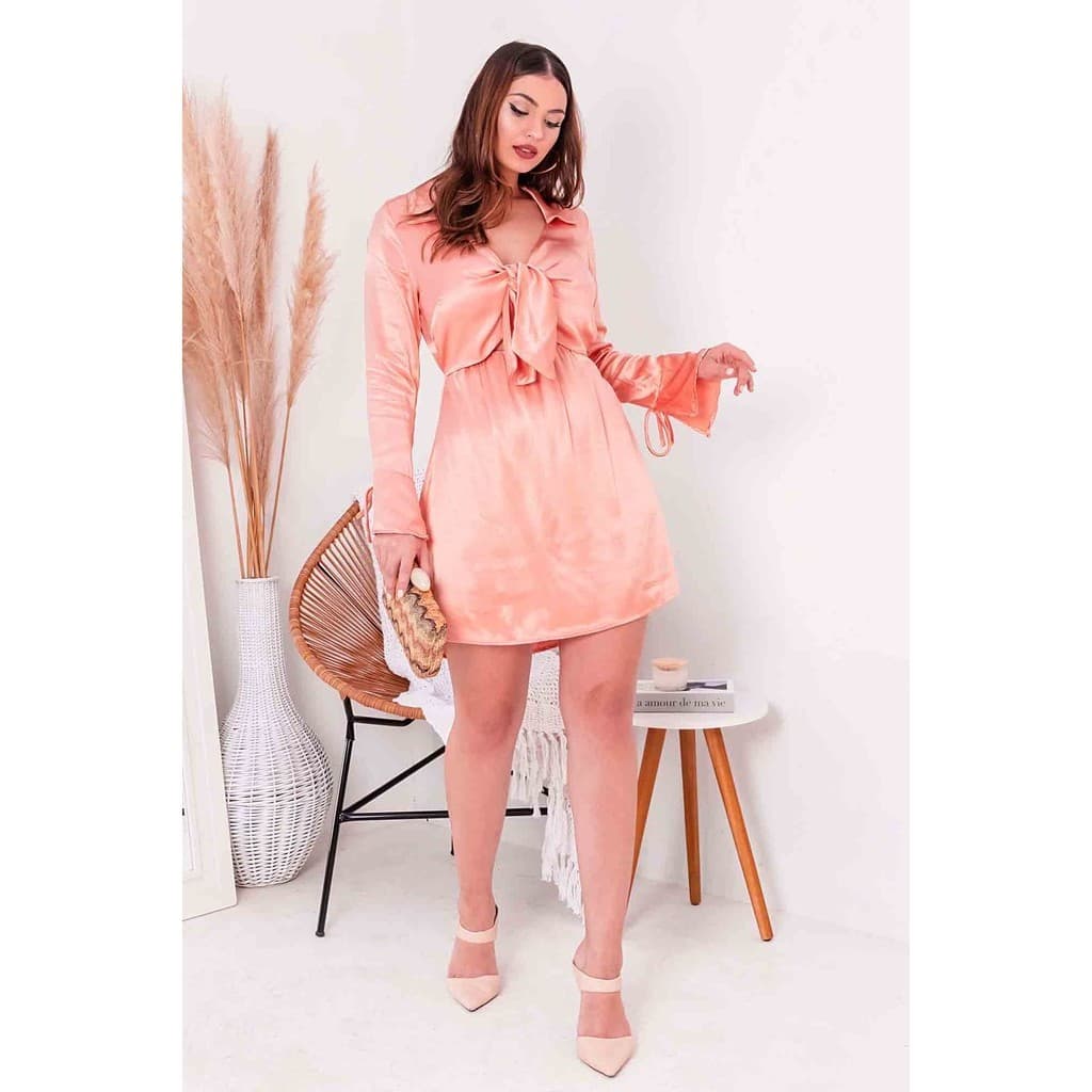 CYNDRA Vestido Curto Decote V Com Gola Lapela E Manga Bufante
