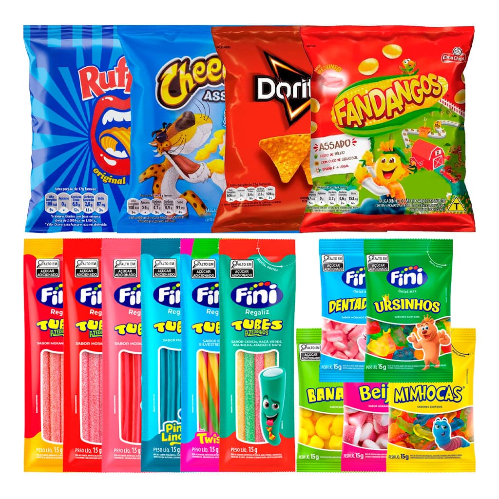 10 Salgadinhos Elma Chips + 10 Pacotes Bala Fini