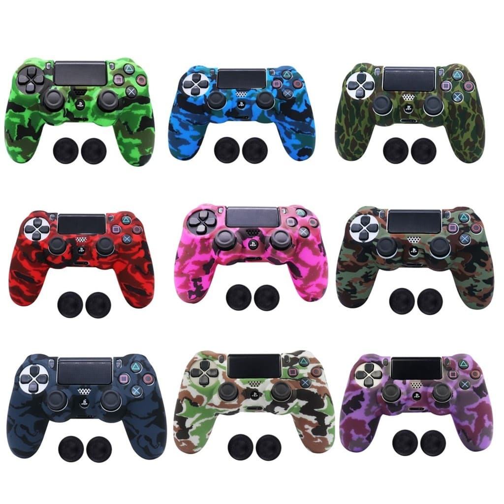 Kit Capa Protetora Silicone Premium Estampa Camuflada Com Par Grips Para Controle Ps4 Dualshock