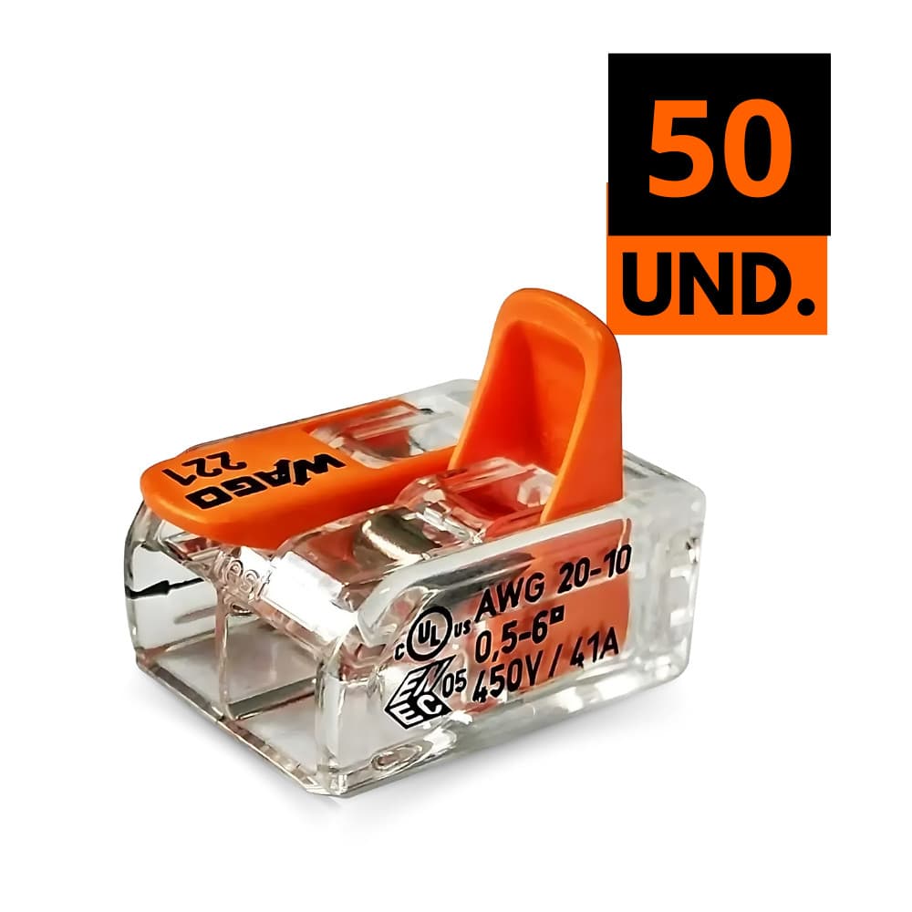 Kit 50Un Conector Emenda Para Fios Elétrico Chuveiro 2 Polos Flexível 0,5 – 6,0 mm² 41A Wago