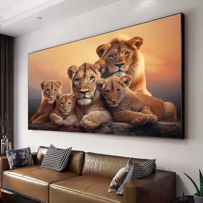 Quadro Decorativo 110x80cm  Família de Leões com 3 Filhotes Hall Sala Quarto Casa Decoração De Parede Mdf Adesivo