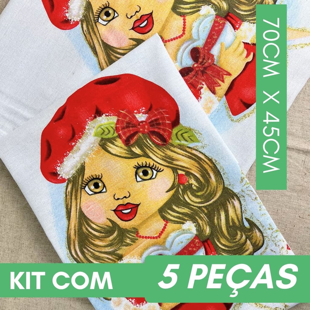 Kit 5 Pano De Prato P/ Fazer Saia Crochê Boneca Mamãe Noel