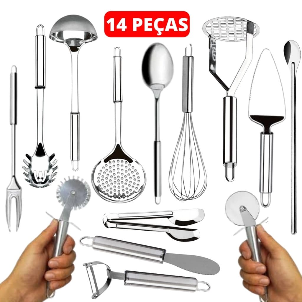Kit 14 Talheres Utensílios Em Aço Inox Multiuso Profissional Conchas Pegadores Espatulas
