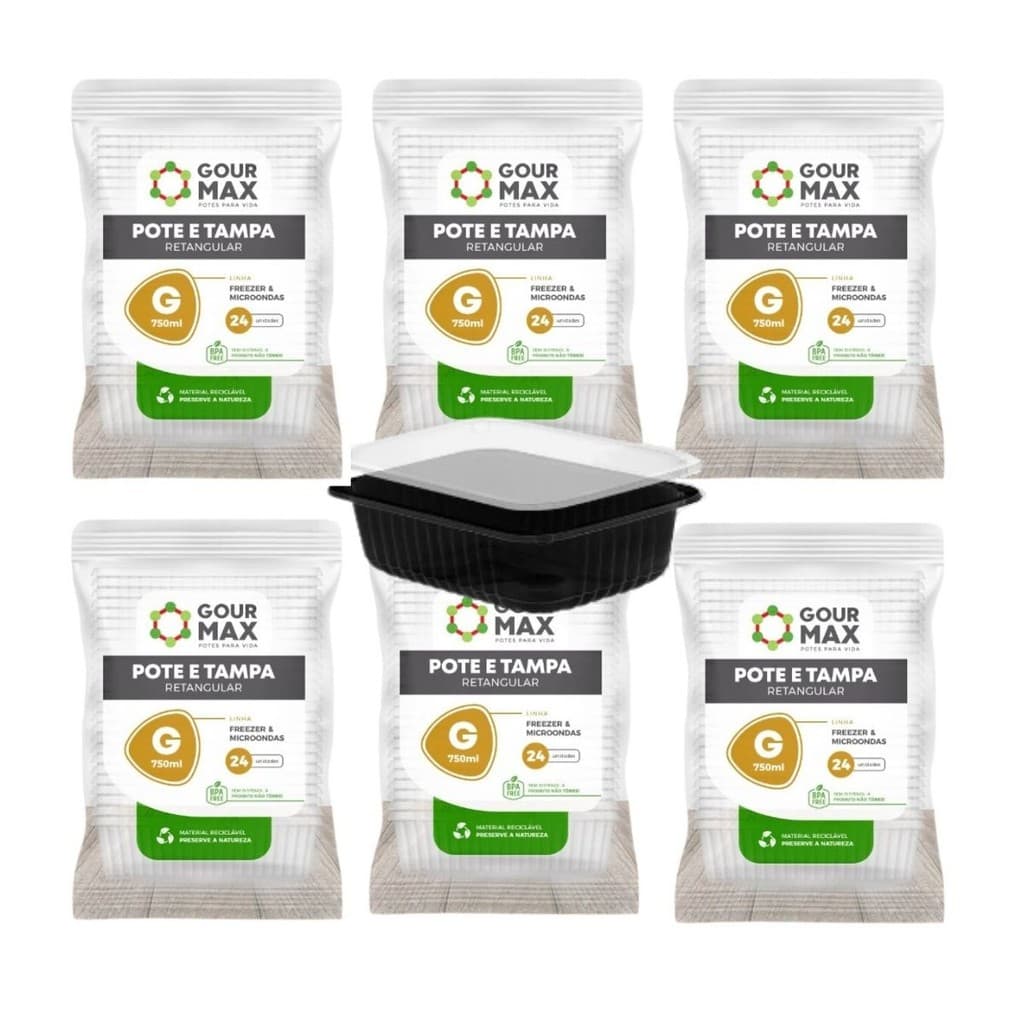 Pote Preto C/ 144un 750ml Descartável Marmita Freezer Microondas Fitness Retangular C/ Tampa