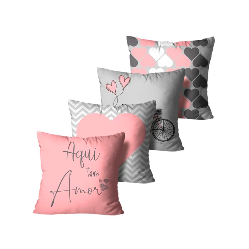 Kit 4 Capas Almofadas Decorativas Aqui Mora Amor - 45x45cm