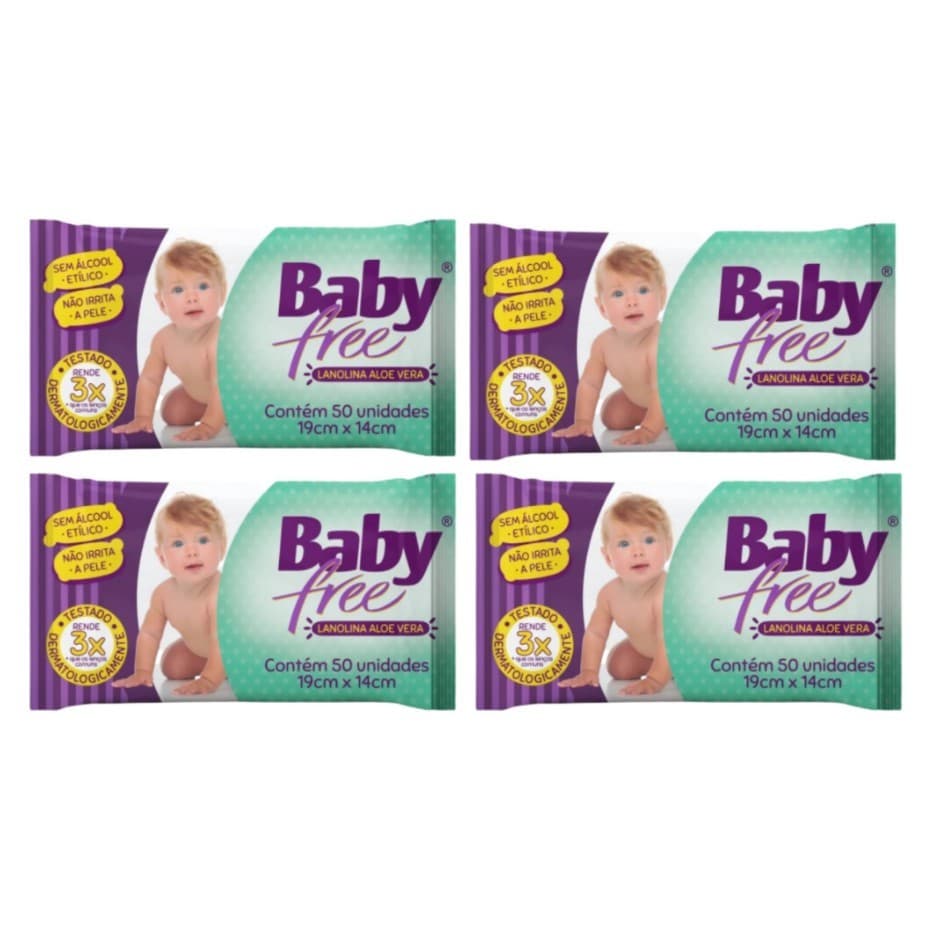 Kit com 4 Lenços Umedecidos Baby Free Toalha Umedecida Qualybless 4 Pacotes com 50 unidades