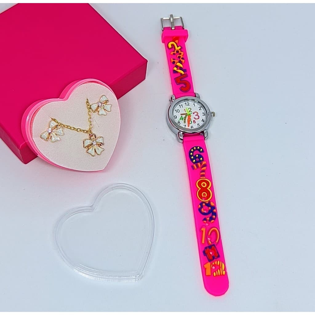 kit Relógio Infantil Menina Analógico Quartzo esporte Silicone Desenho animados 3D + Conjunto Colar e Brincos Presente