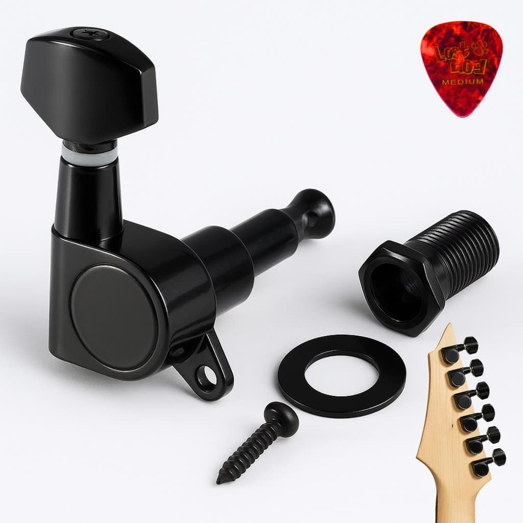 Kit Tarraxa Preta Blindada De Guitarra 6 Em Linha Aço