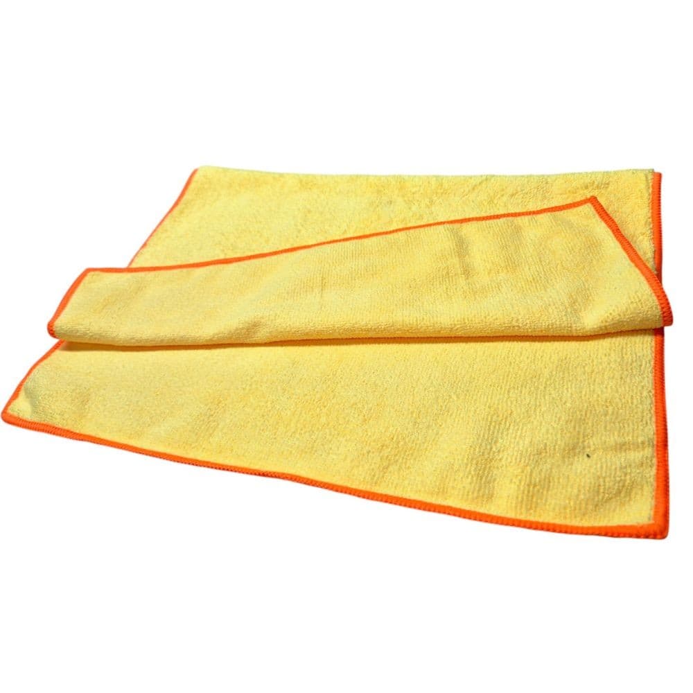 Pano Microfibra Automotiva 350GSM 40×60cm Amarelo com Borda Laranja Lavagem Secagem e Acabamento