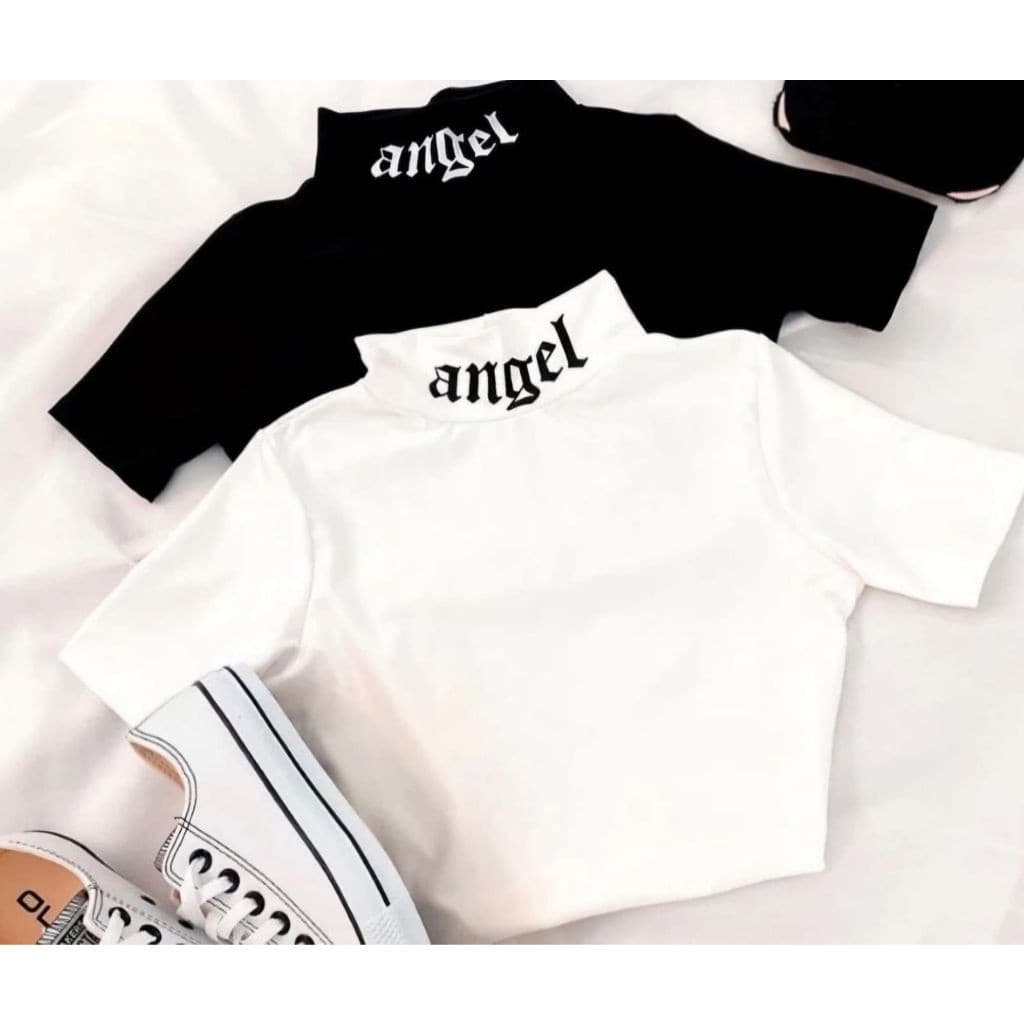 KIT2 Cropped Gola Alta Escrita Angel Moda Feminina