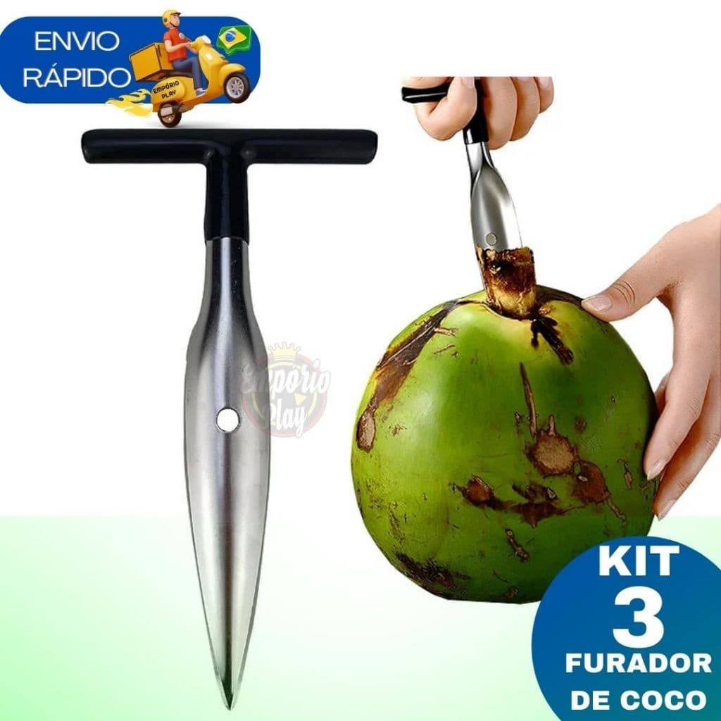 Kit 3 Fura Coco Em Aço Inox Profissional Resistente Furador Abridor Manual Anatômico