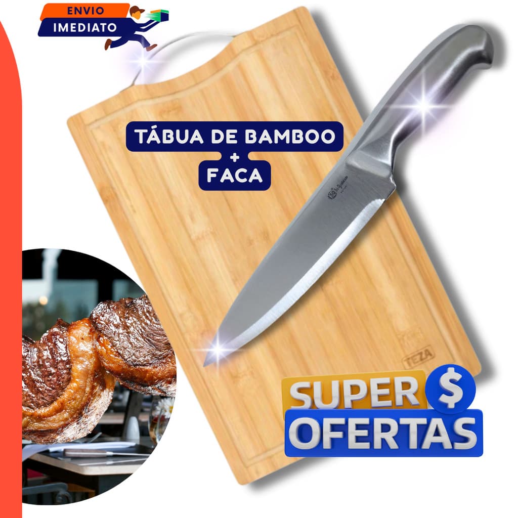 Kit 2 Unid Tábua Corte Madeira Bambu com Alça Faca Inox Inteiriça 6" Cozinha Legumes Churrasco Corte Carne