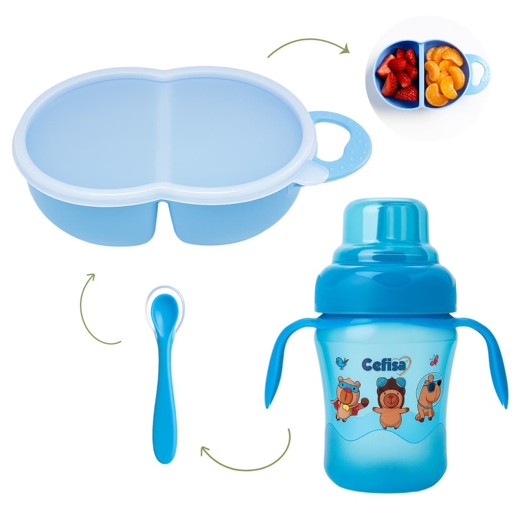 Kit Refeição para Bebê c/ Porta Papinha + Colher Silicone + Copo Antivazamento