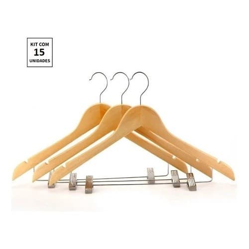 Kit 15x Cabides De Madeira Com Presilha Verniz Marfim Roupa