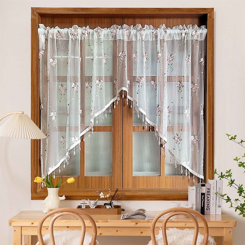 Saia Floral Rosa Para Cozinha , Fazenda , Cortina Transparente Arqueada , Camada Com Miçangas De Luxo , Porta Bordada ,