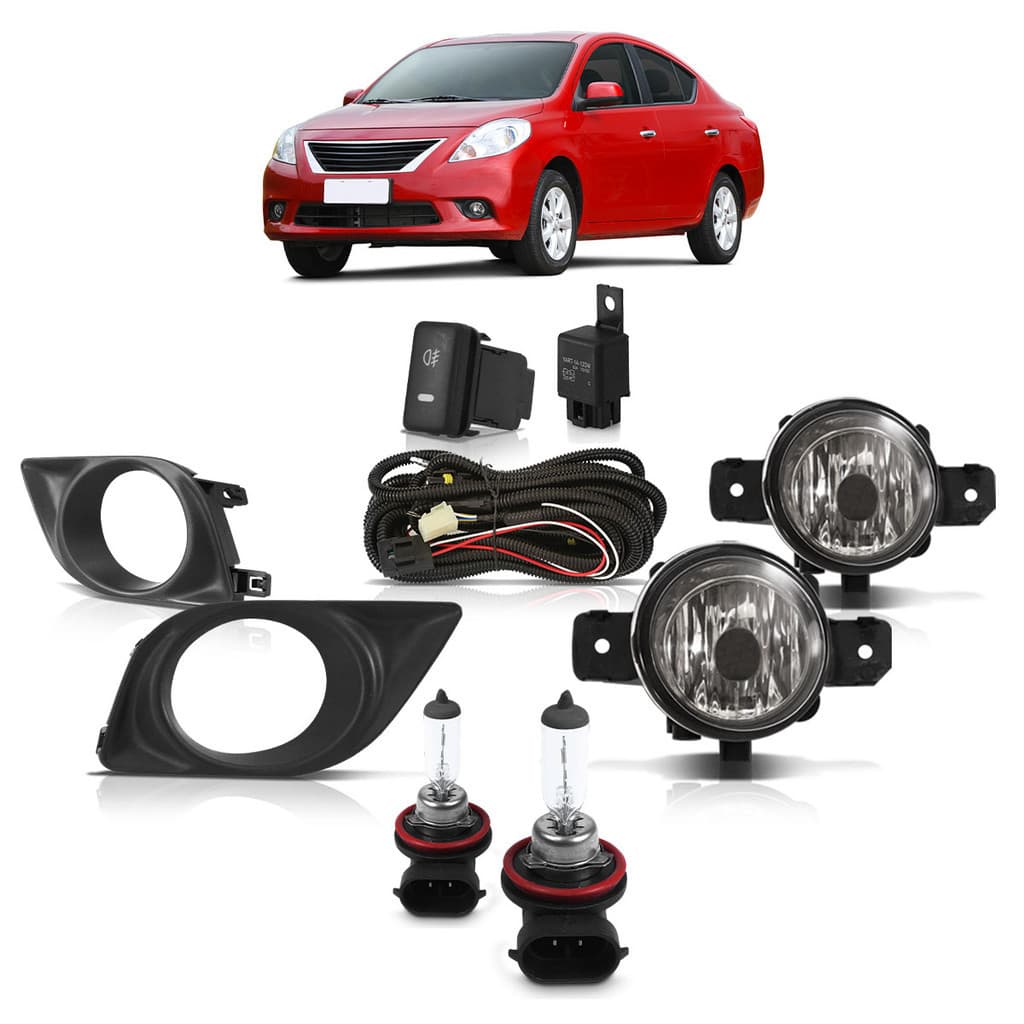 Kit Farol de Milha Versa 2012 A 2014 Lente Lisa + Moldura do Milha Preto Com Furo + Lâmpadas H11