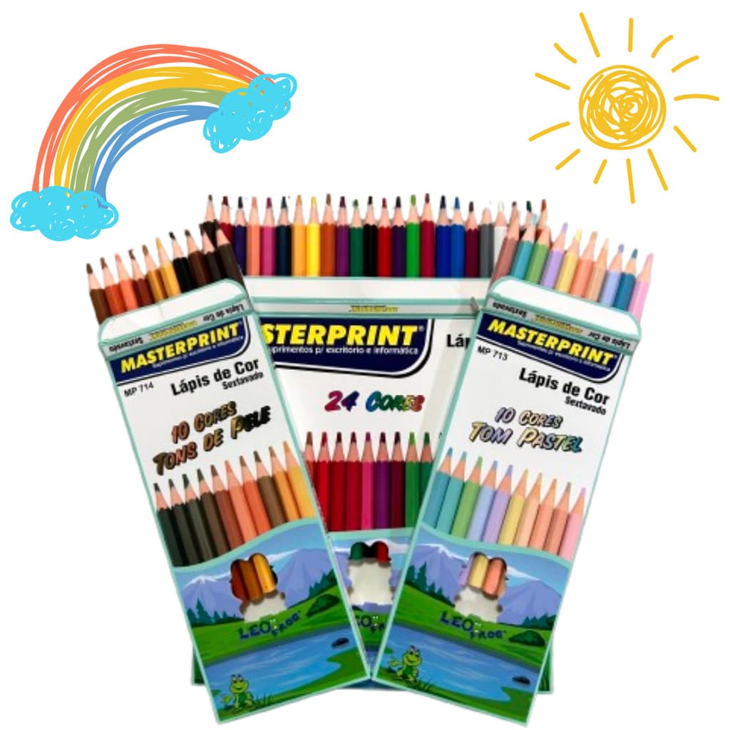 Kit 44 Lápis de Cor Sendo 24 Cores + 10 Tom Pastel + 10 Tom de Pele Sextavado Macio Ponta Resistente