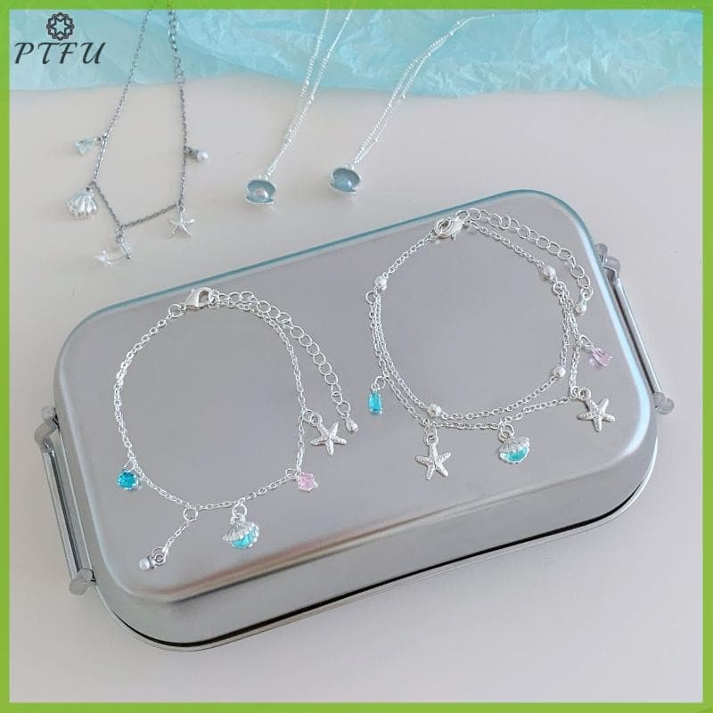 PTFU > Verão Estilo Oceano Pulseira Encantos Estrela Do Mar Pérola Dupla Camada Colar Moda Minimalista Jóias Novo