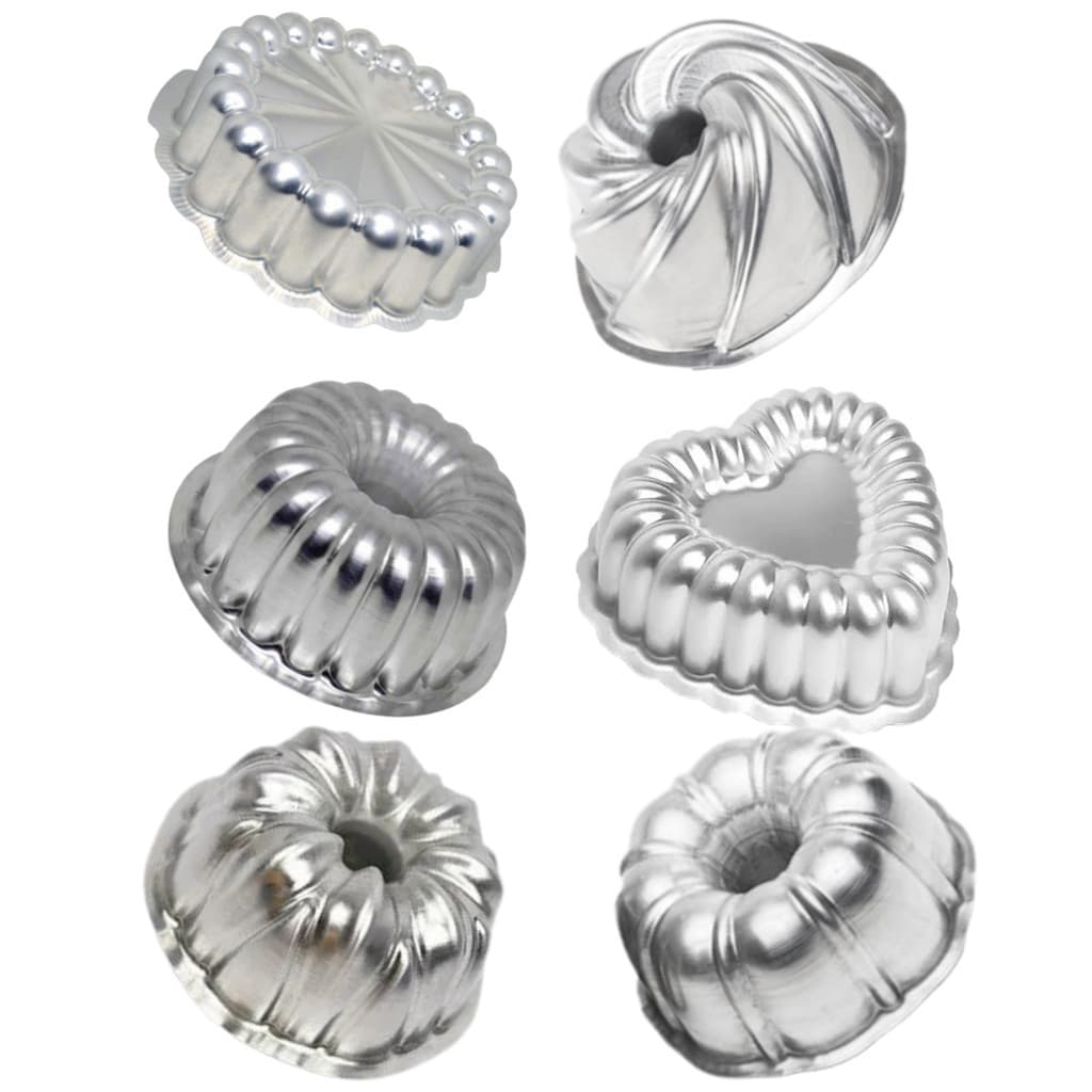 Kit 6x Mini Formas Assadeiras De Bolo Modelos Sortidos Vulcão Torta Suiça 2,1,3, Charlote E Coração Gomado