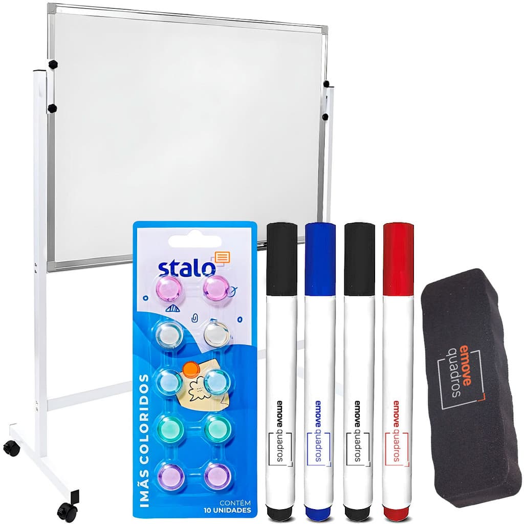 Lousa Quadro Branco 120x90cm Formica Magnético Soft Alumínio Suporte Cavalete Com Rodas + Kit Apresentação Com Imãs